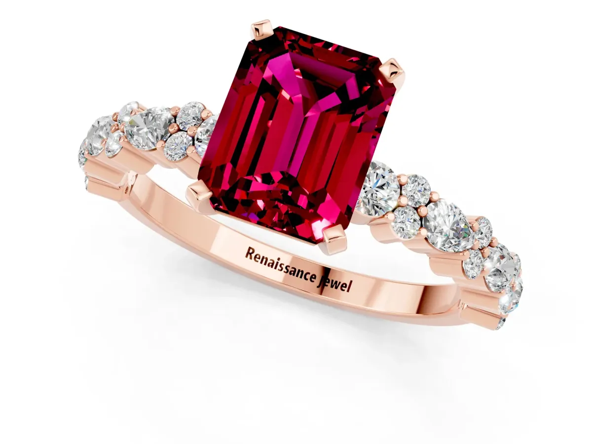 Emerald Cut Garnet Side Stone Solitaire Ring with Round and Four-Prong Setting Rose gold