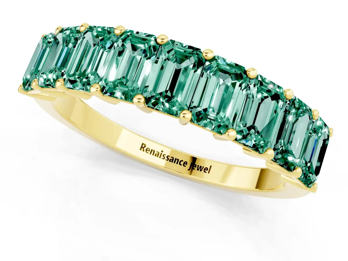 Emerald Cut Green Sapphire Prong-Set Eternity Band Yellow gold