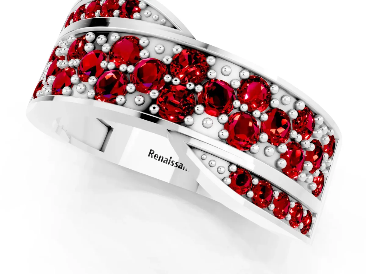 Pavé Round Ruby Crossover Band with Bead Prong Setting Platinum
