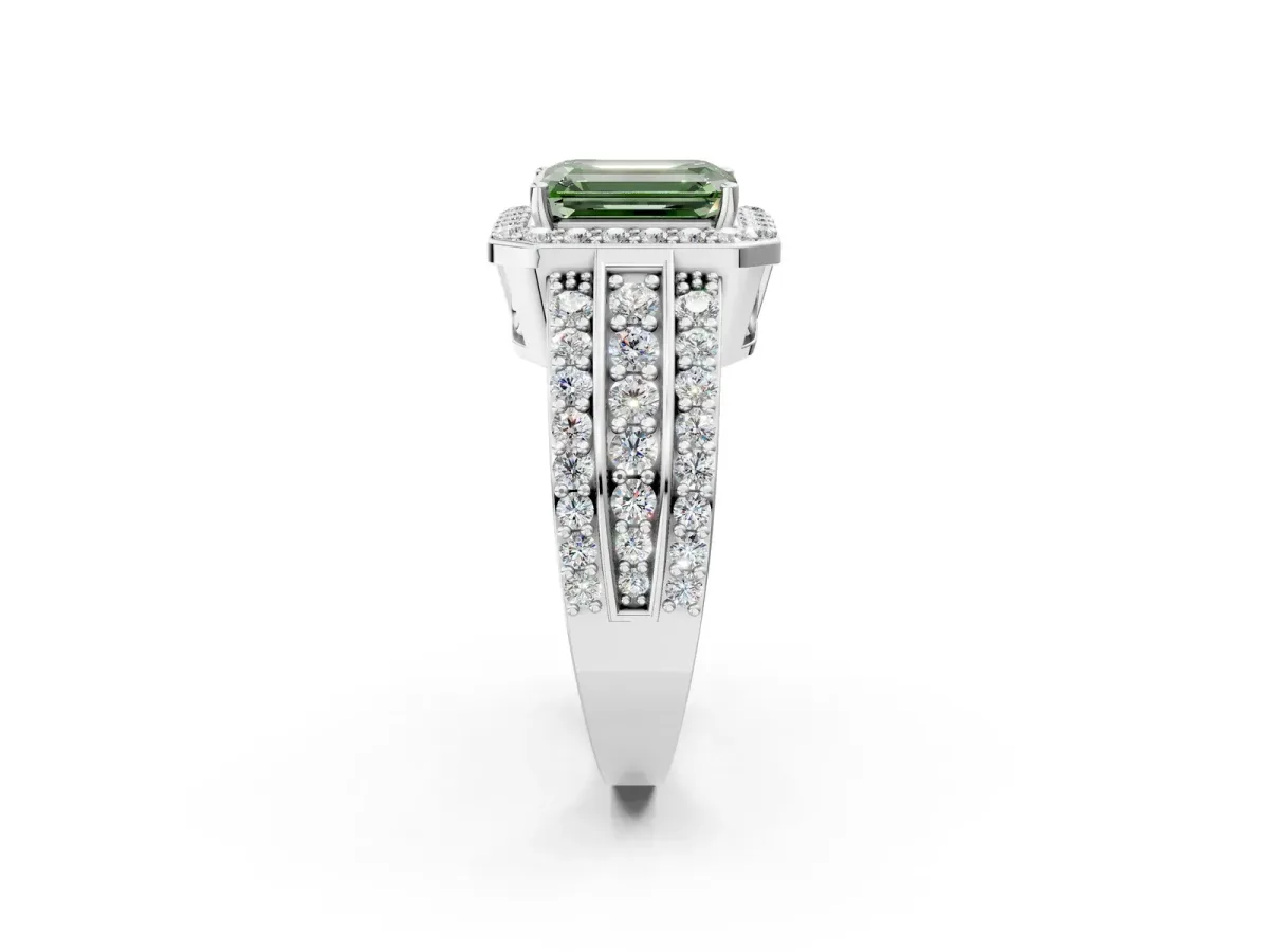 Fancy Green Emerald Cut Halo Diamond Ring with Round Split Shank and Prong Setting White gold
