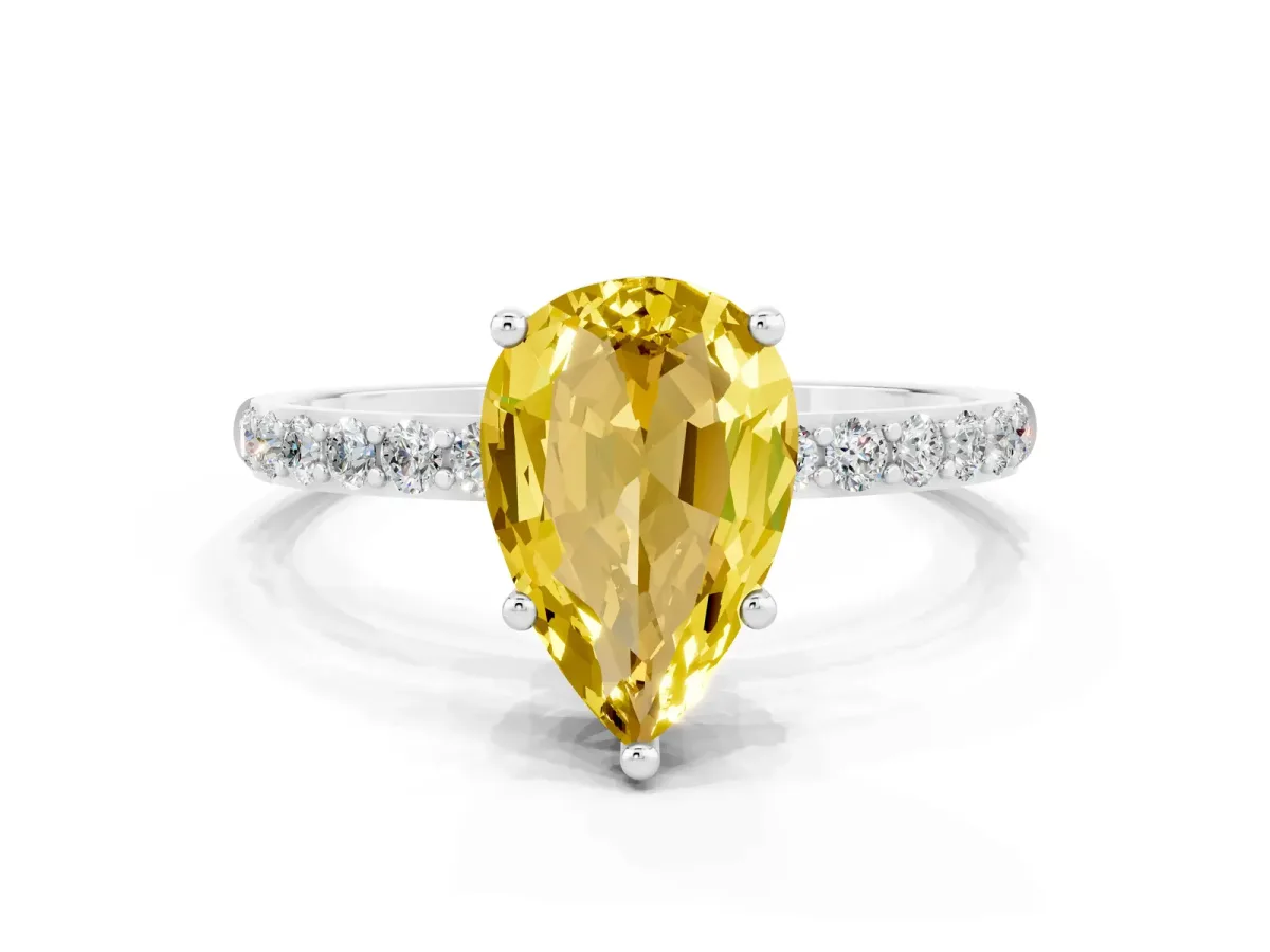 Pear Cut Yellow Sapphire Solitaire Ring with Round Pavé Band and Prong Setting Silver