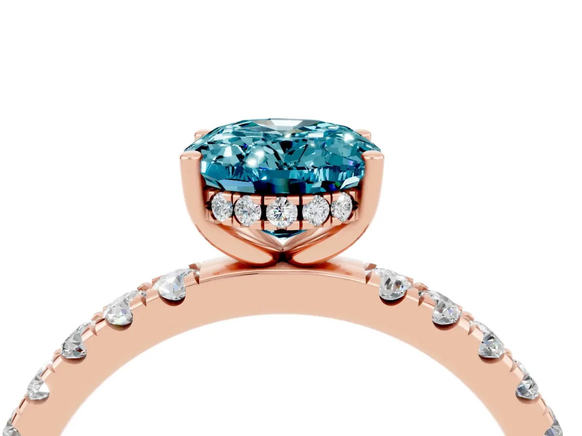 Oval Cut Blue Topaz Pave Band Solitaire Ring with Round and Prong Setting Rose gold