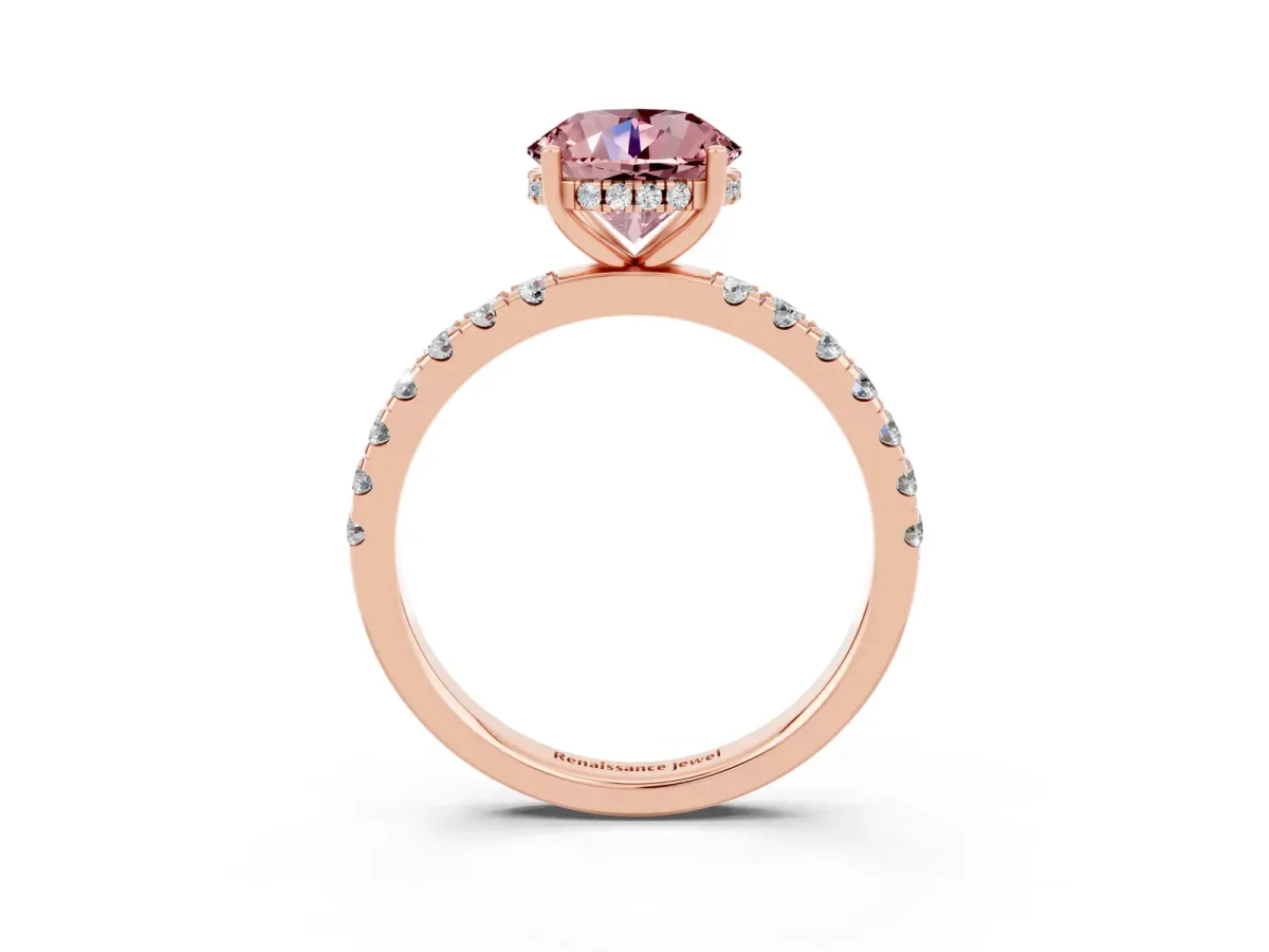Round Cut Morganite Pave Band Solitaire Ring with Round and Prong Setting Rose gold