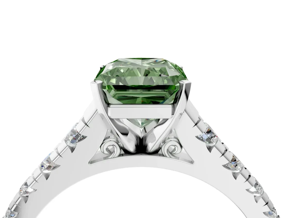 Fancy Green Radiant Cut Diamond Cathedral Solitaire Ring with Round Pavé Band Platinum