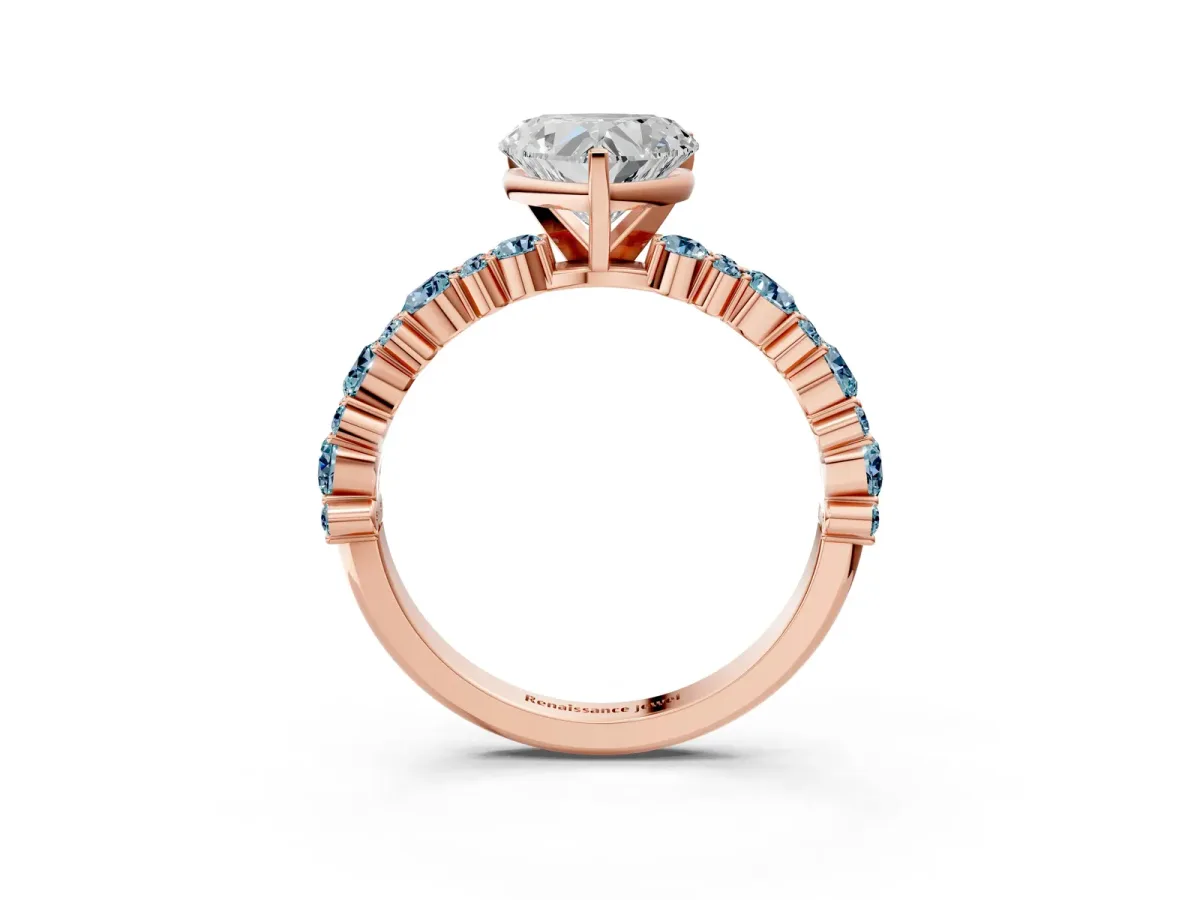 Heart Cut Diamond Side Stone Solitaire Ring with Round Aquamarine and Four-Prong Setting Rose gold