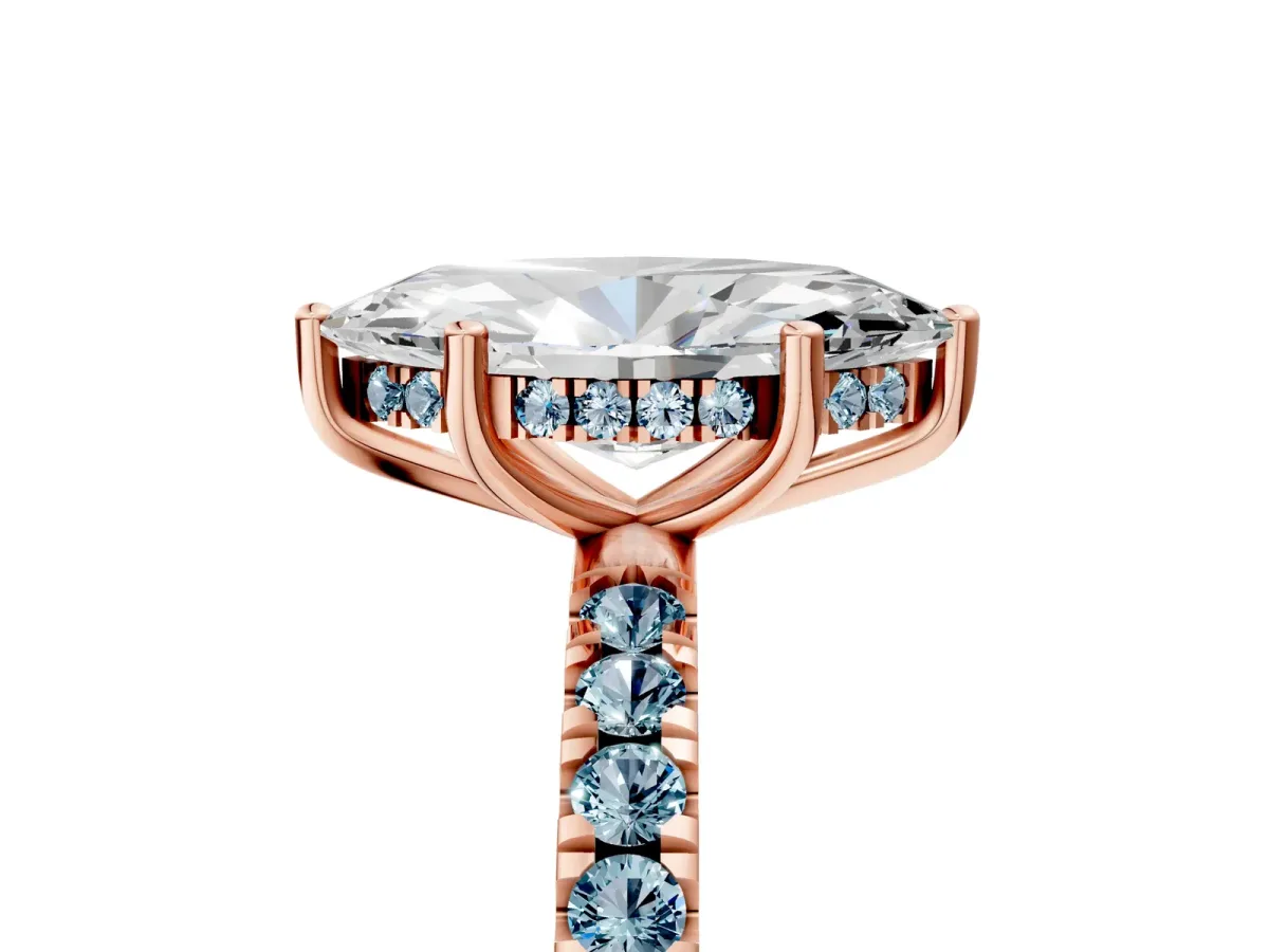 Marquise Cut Diamond Pave Band Solitaire Ring with Round Aquamarine and Prong Setting Rose gold