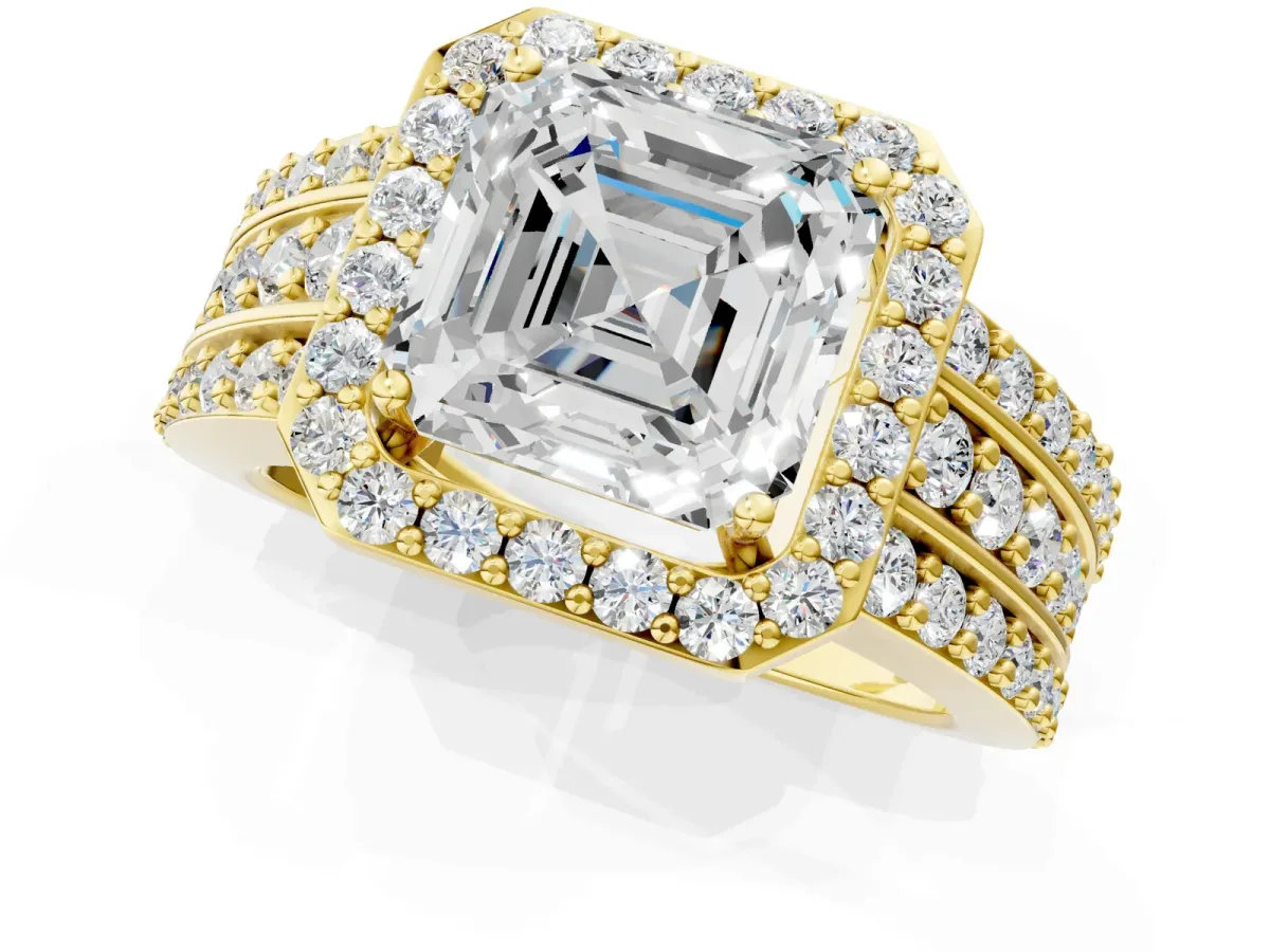 Asscher Cut Halo Diamond Ring with Round Moissanite Split Shank and Prong Setting Yellow gold