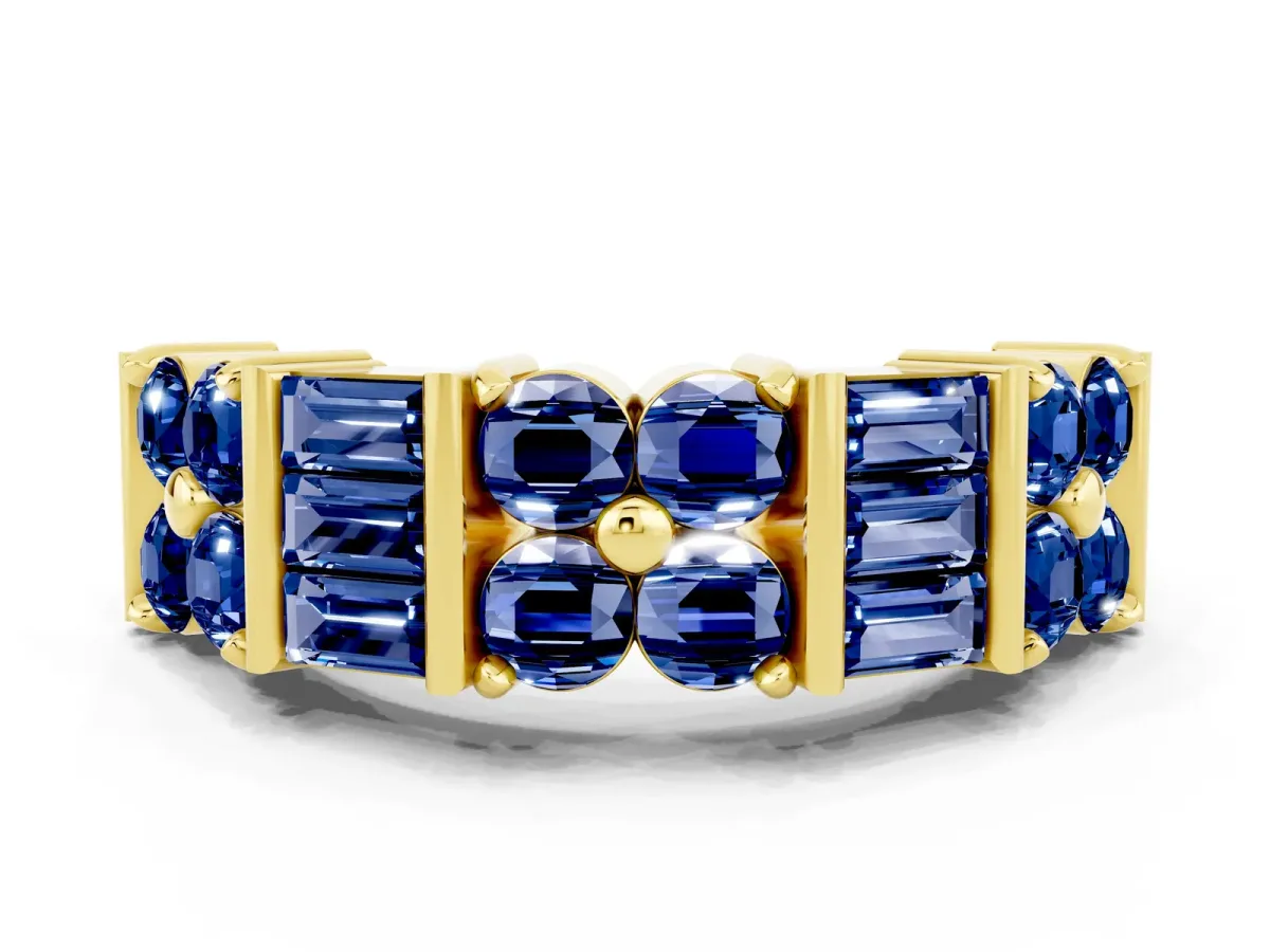 Channel Set Round and Baguette Blue Sapphire Anniversary Band with Prong Setting Yellow gold