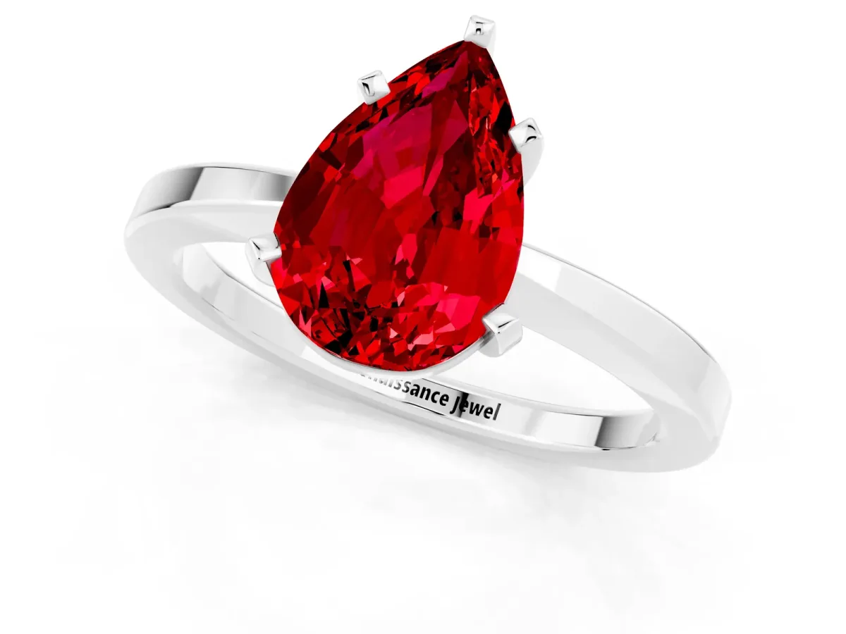 Pear Cut Ruby Solitaire Engagement Ring with Classic Band and Four-Prong Setting Silver