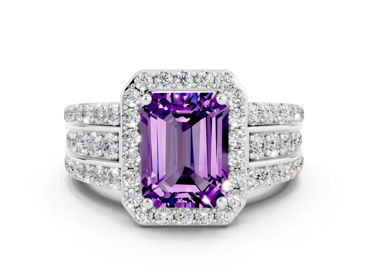 Emerald Cut Halo Amethyst Ring with Round Split Shank and Prong Setting White gold
