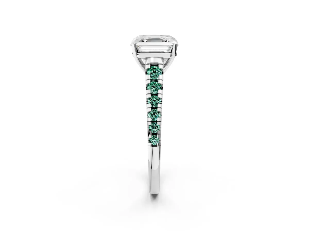 Asscher Cut Diamond Cathedral Solitaire Ring with Round Green Sapphire Pavé Band Silver