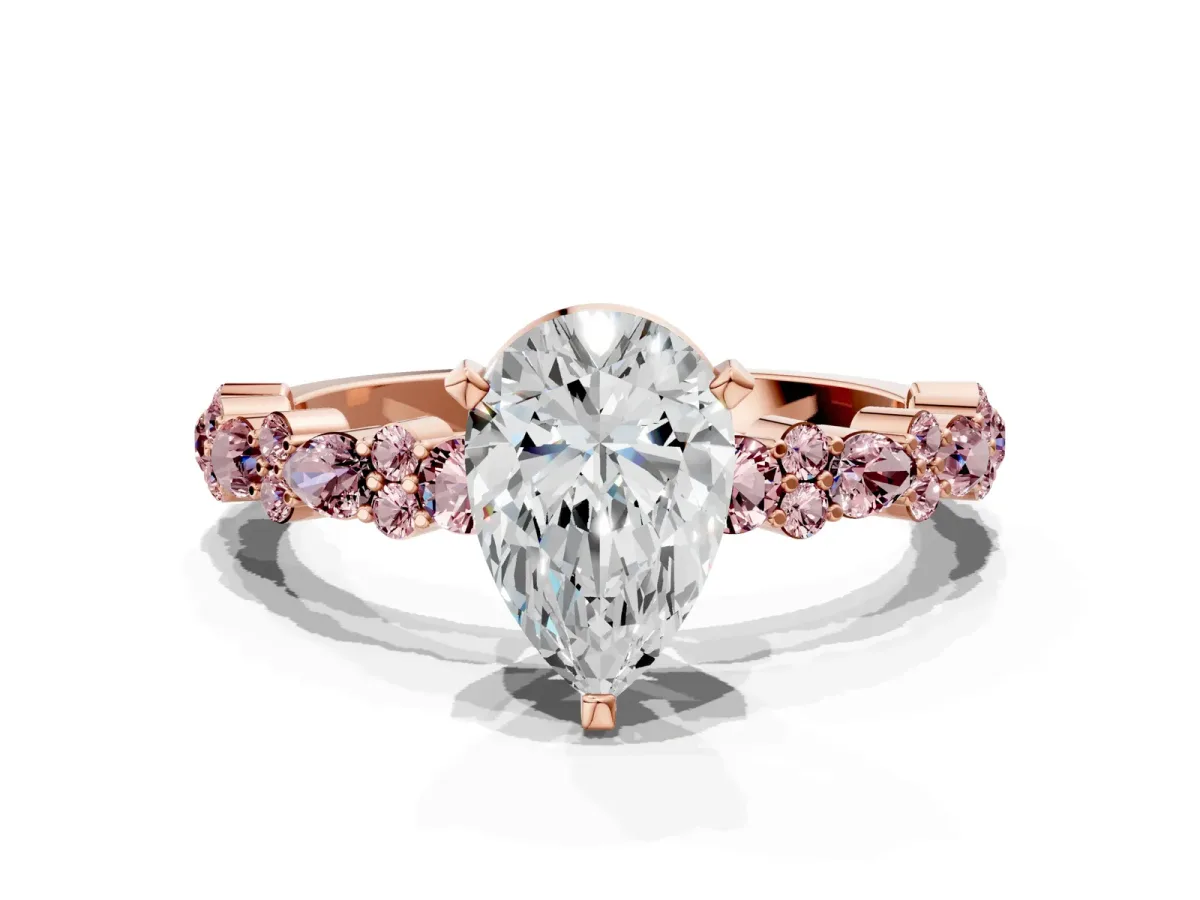 Pear Cut Diamond Side Stone Solitaire Ring with Round Morganite and Four-Prong Setting Rose gold