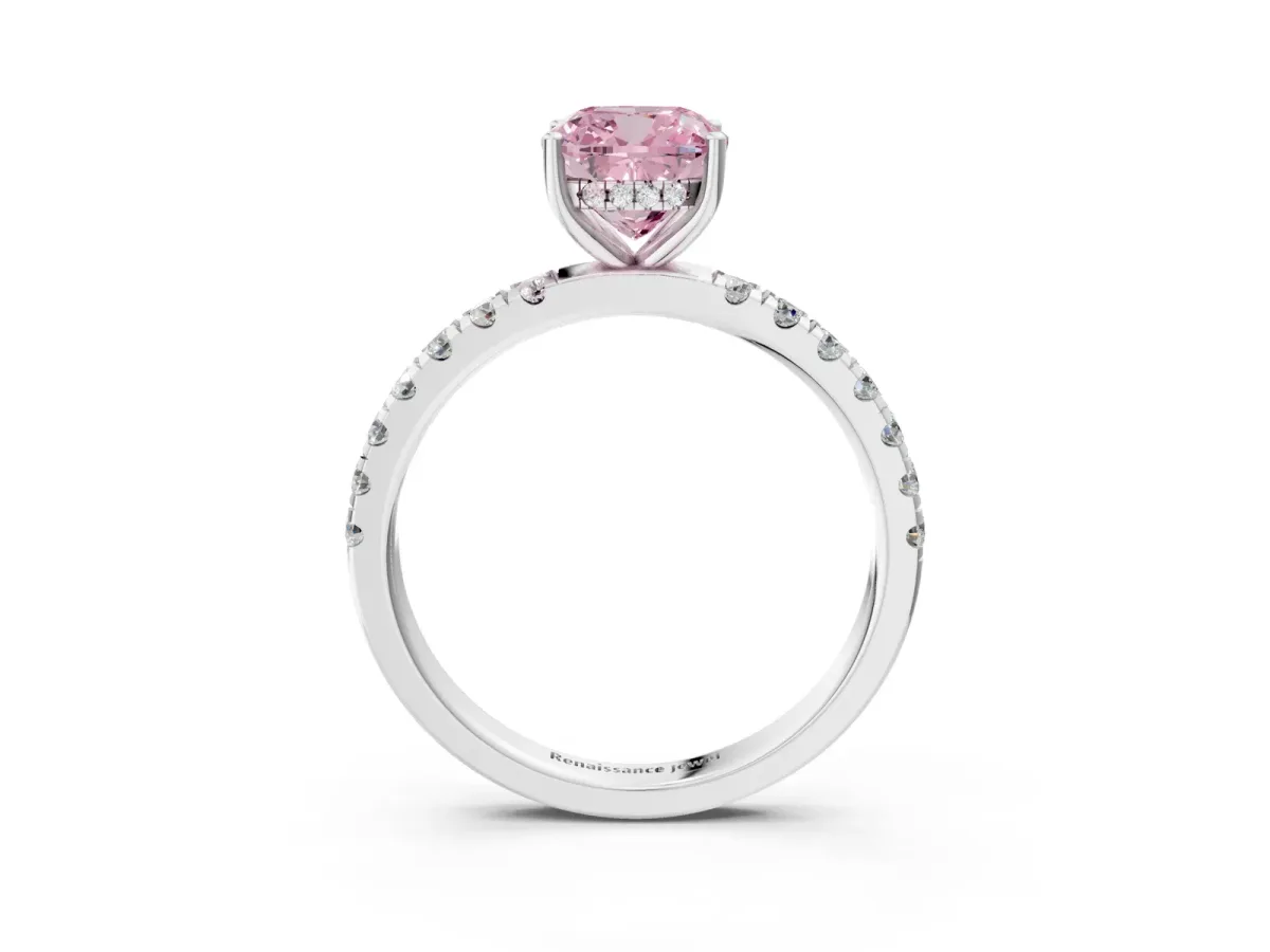 Fancy Pink Cushion Cut Diamond Pave Band Solitaire Ring with Round and Prong Setting Platinum