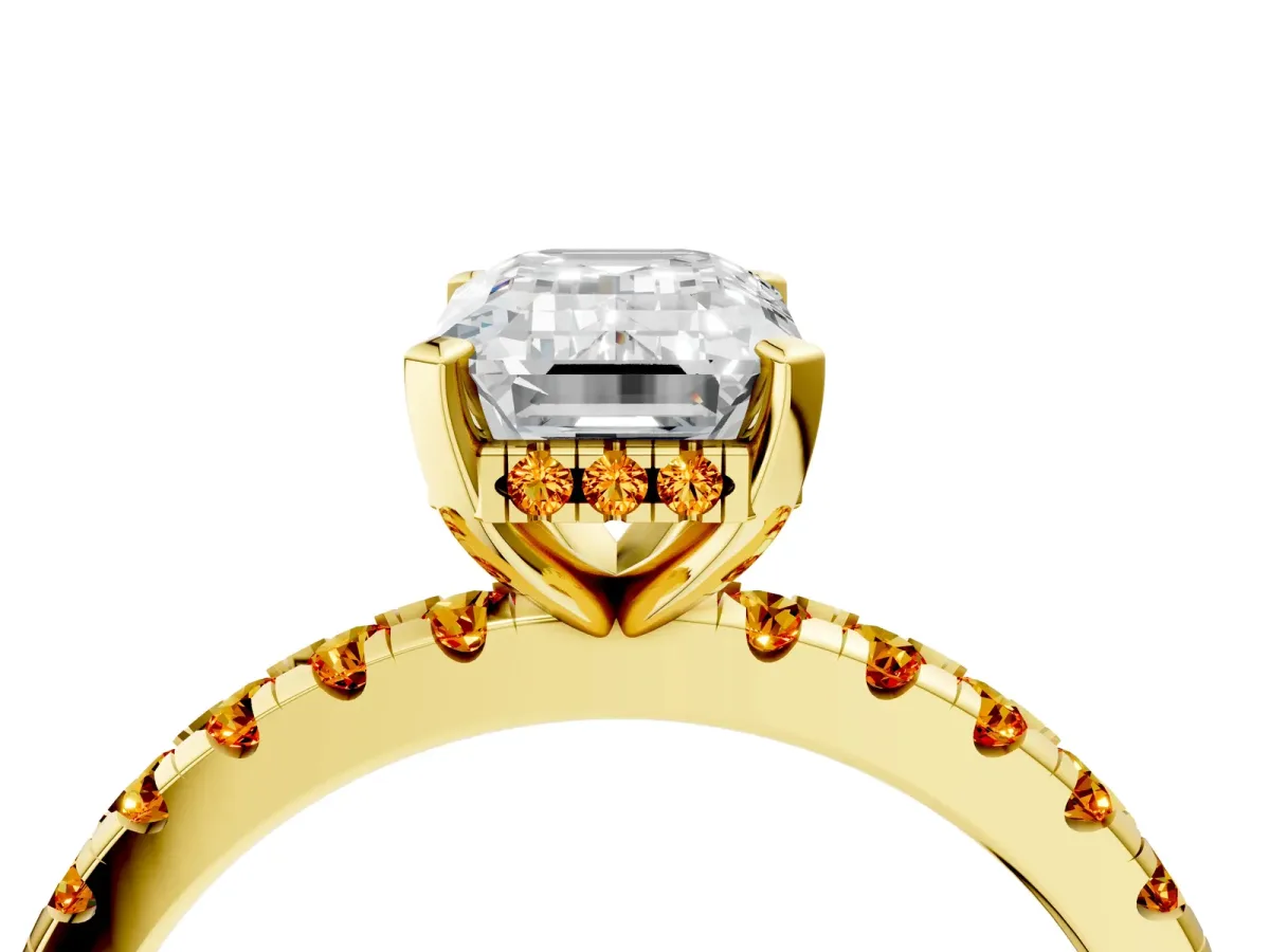 Emerald Cut Diamond Solitaire Ring with Round Citrine Pavé Band and Four-Prong Setting Yellow gold