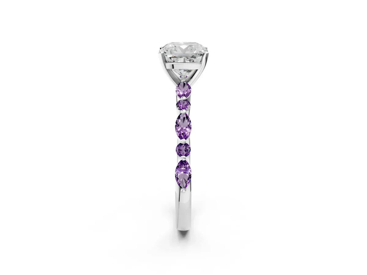 Cushion Cut Diamond Ring with Marquise and Round Amethyst Side Stones and Four-Prong Setting Platinum