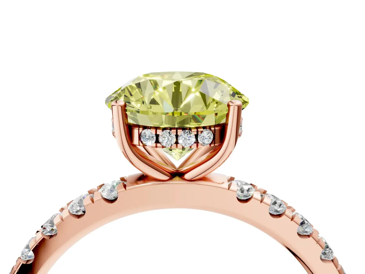 Fancy Yellow Round Cut Diamond Pave Band Solitaire Ring with Round and Prong Setting Rose gold