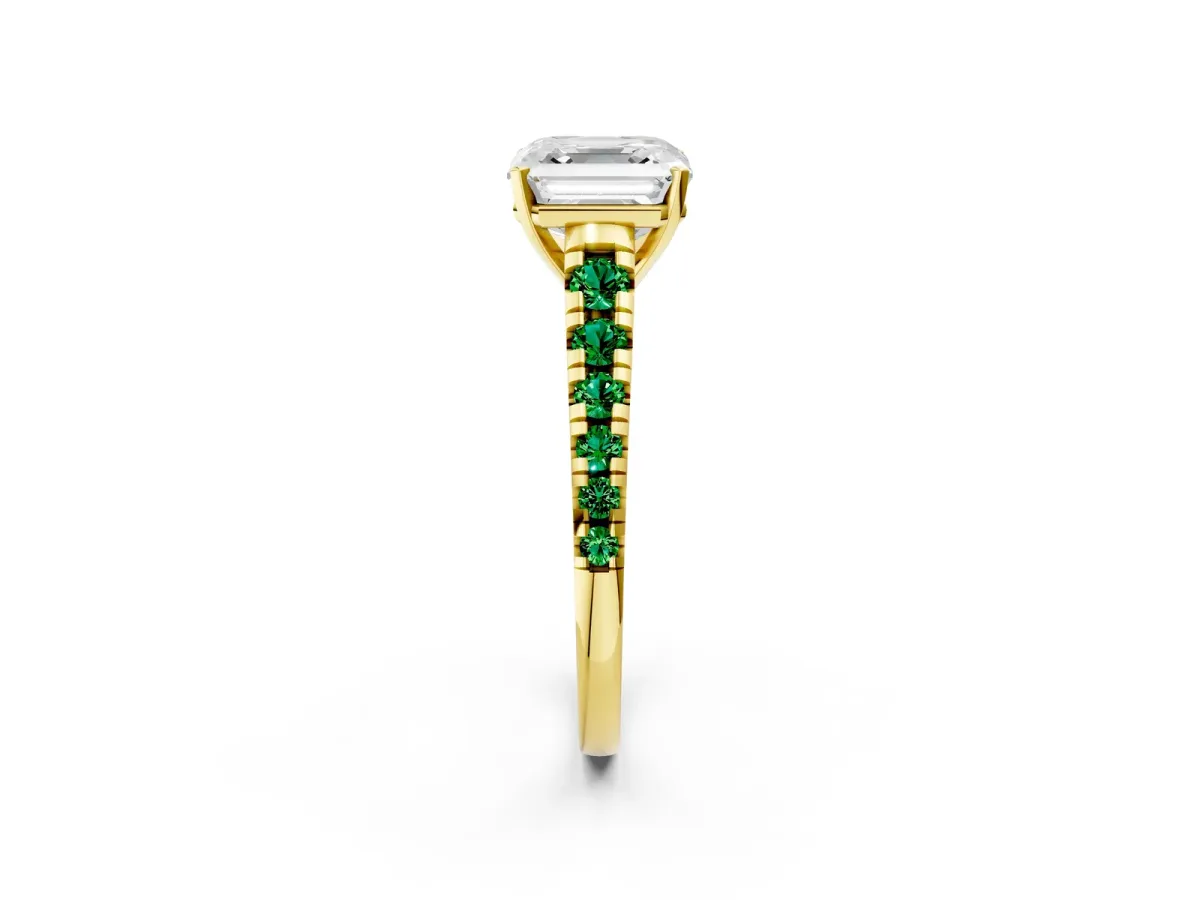 Asscher Cut Diamond Cathedral Solitaire Ring with Round Emerald Pavé Band Yellow gold