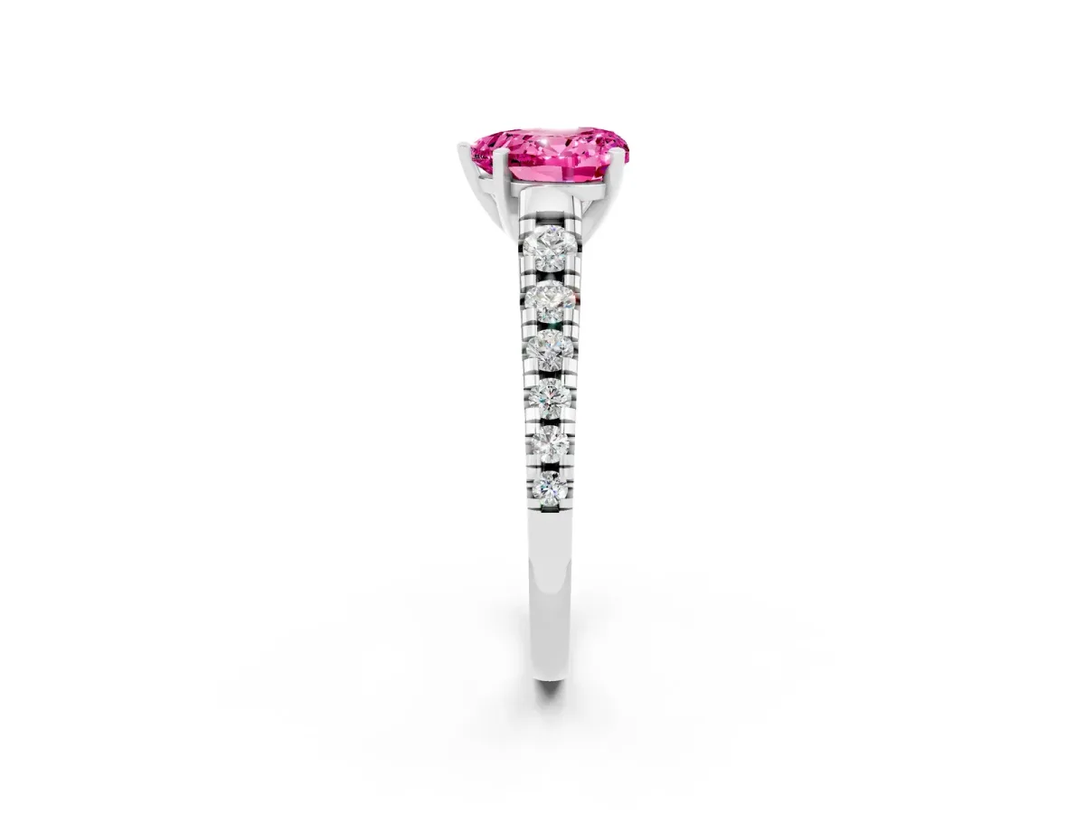 Heart Cut Pink Sapphire Cathedral Solitaire Ring with Round Pavé Band Silver