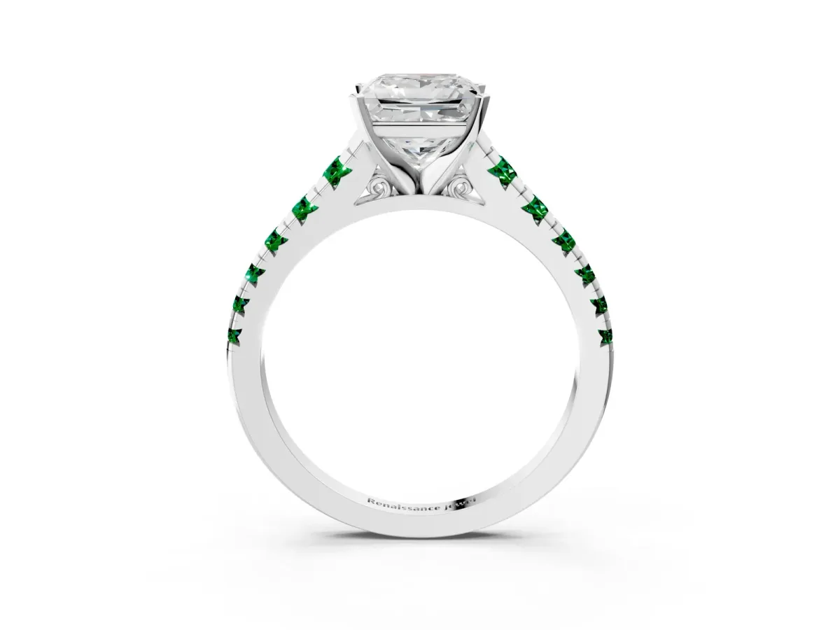 Princess Cut Diamond Cathedral Solitaire Ring with Round Emerald Pavé Band Platinum