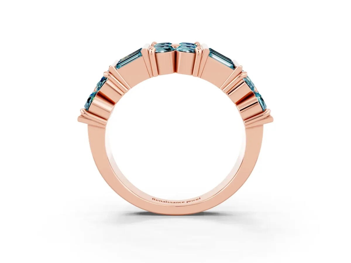 Channel Set Round and Baguette Blue Topaz Anniversary Band with Prong Setting Rose gold