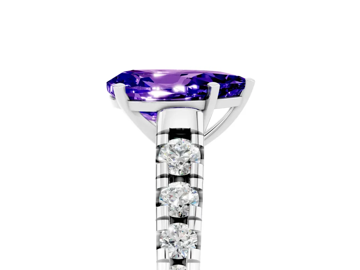 Pear Cut Tanzanite Cathedral Solitaire Ring with Round Pavé Band Platinum