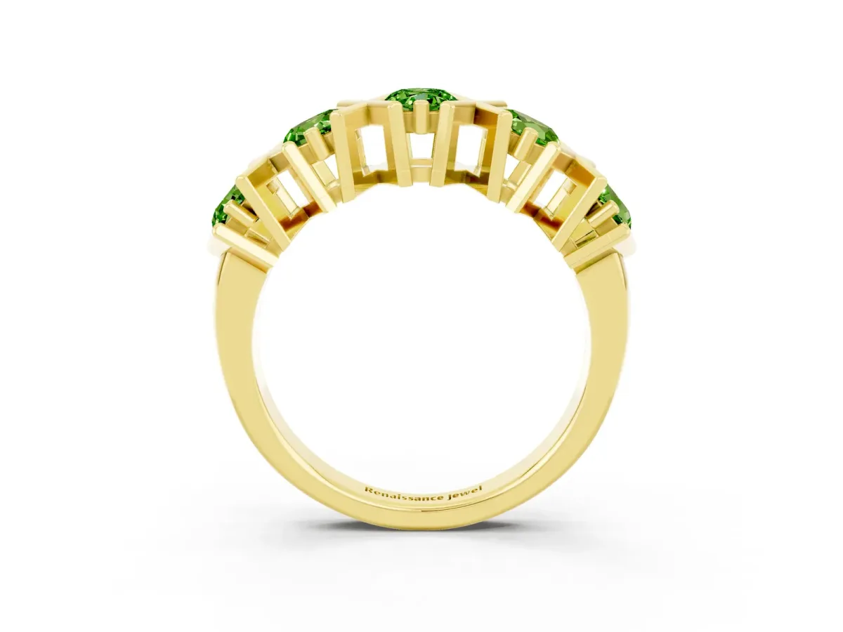Round Peridot Channel Set Band with X-Prong Detail Yellow gold