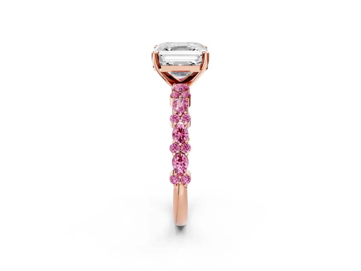 Asscher Cut Diamond Side Stone Solitaire Ring with Round Pink Sapphire and Four-Prong Setting Rose gold