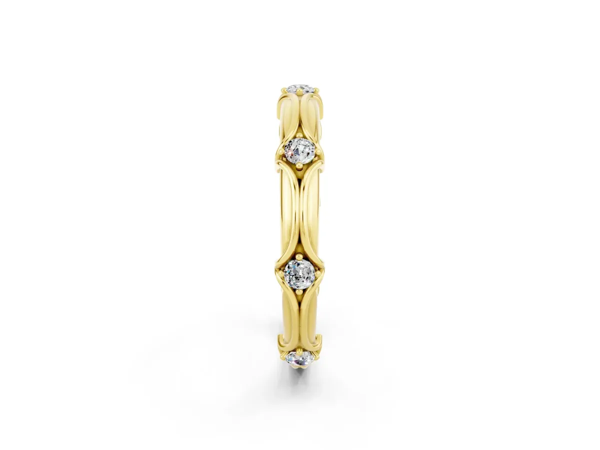 Round Moissanite Prong Set Milgrain Eternity Band Yellow gold