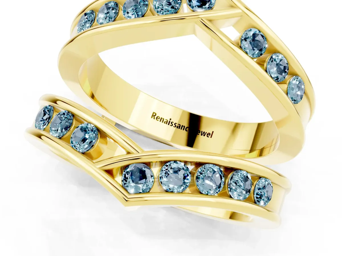 Round Aquamarine Channel-Set Chevron Band Yellow gold