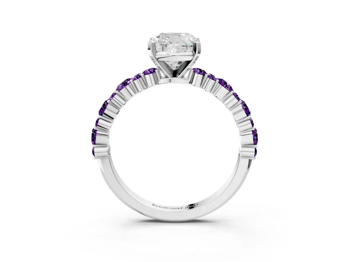 Cushion Cut Diamond Side Stone Solitaire Ring with Round Amethyst and Four-Prong Setting Platinum