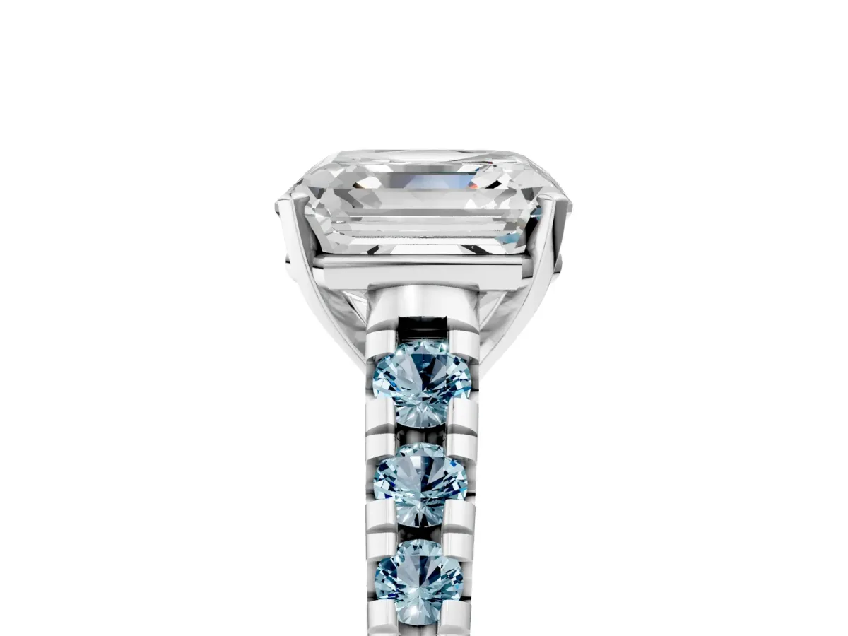 Asscher Cut Diamond Cathedral Solitaire Ring with Round Aquamarine Pavé Band Silver