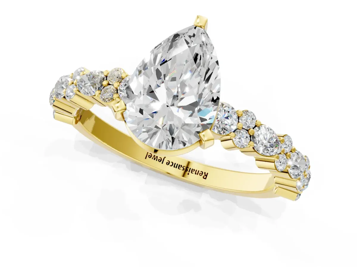Pear Cut Diamond Side Stone Solitaire Ring with Round Moissanite and Four-Prong Setting Yellow gold