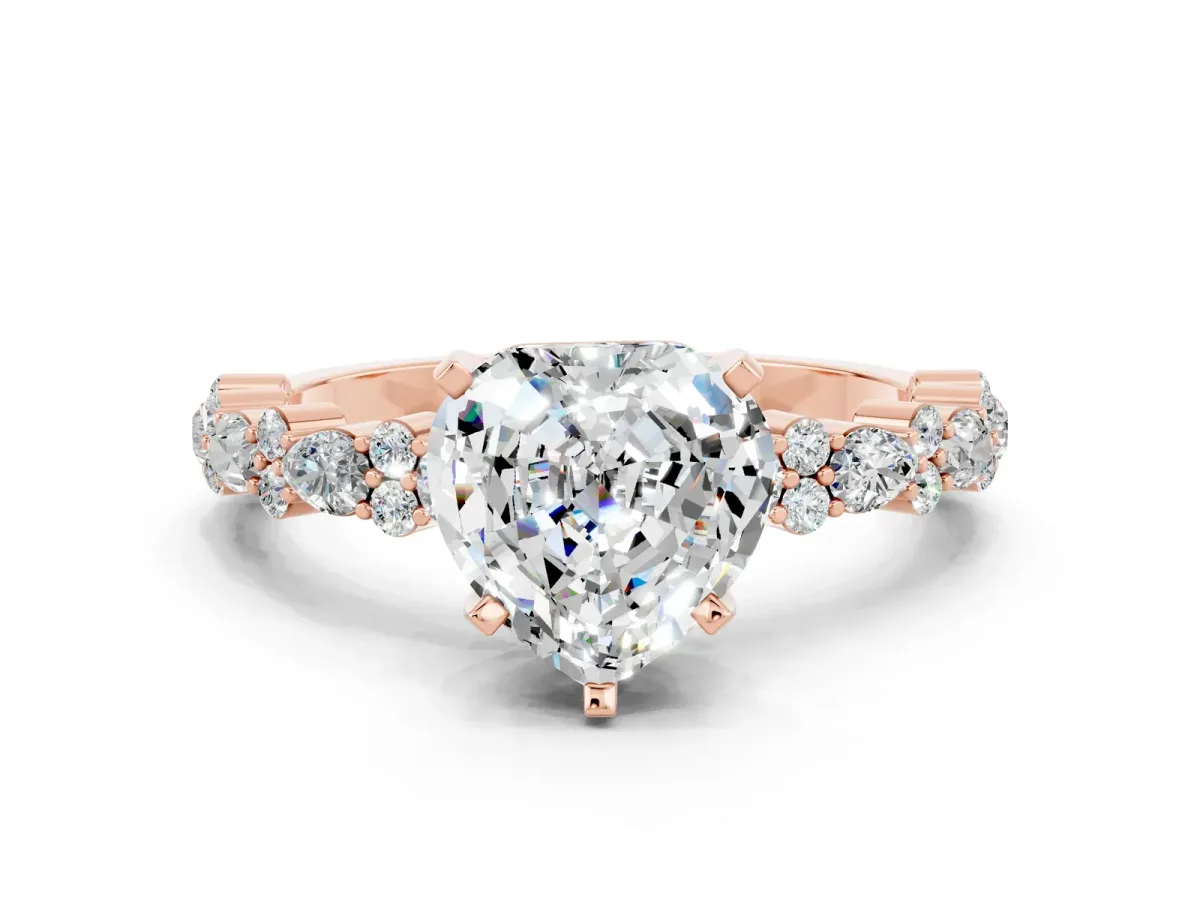 Heart Cut Moissanite Side Stone Solitaire Ring with Round and Four-Prong Setting Rose gold