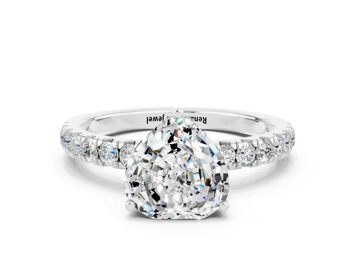 Heart Cut Moissanite Pave Band Solitaire Ring with Round and Prong Setting Platinum