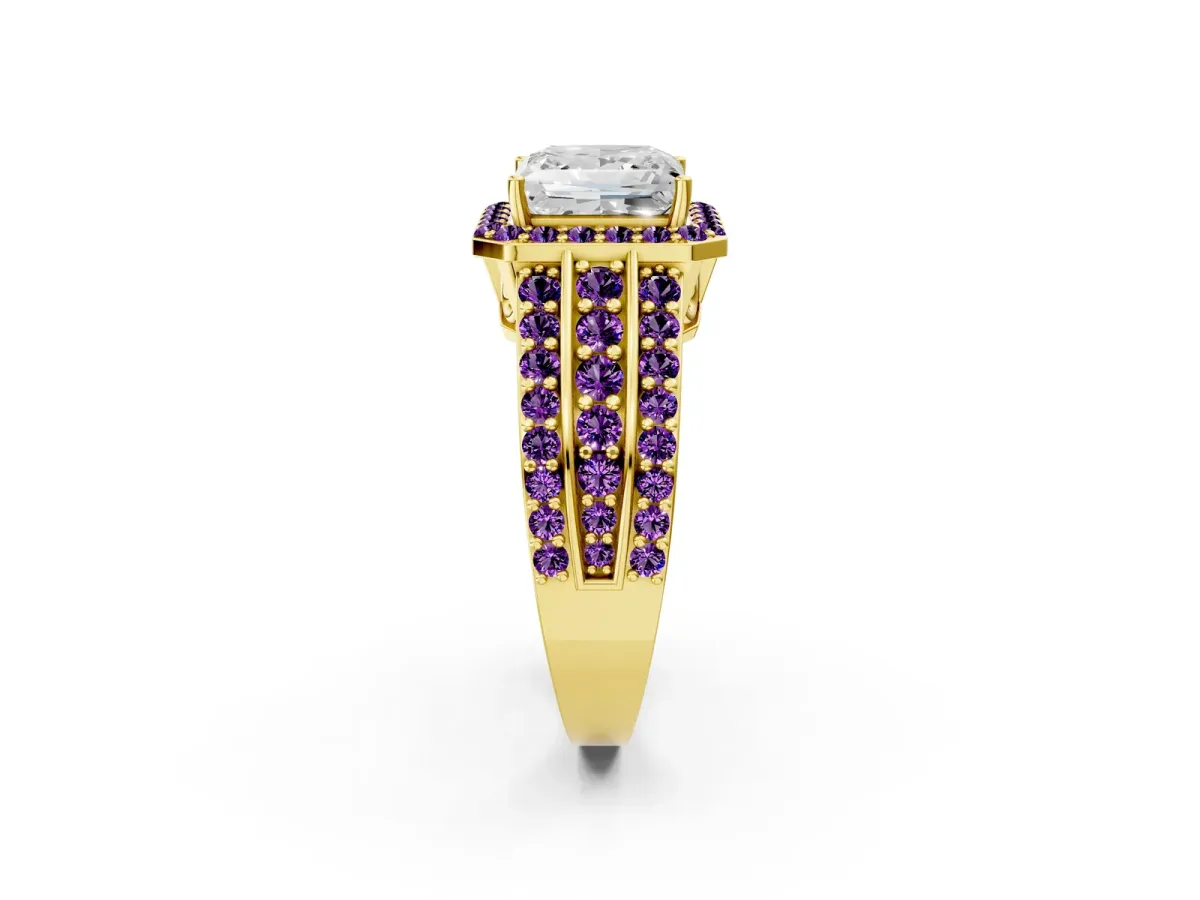 Princess Cut Halo Diamond Ring with Round Amethyst Split Shank and Prong Setting Yellow gold