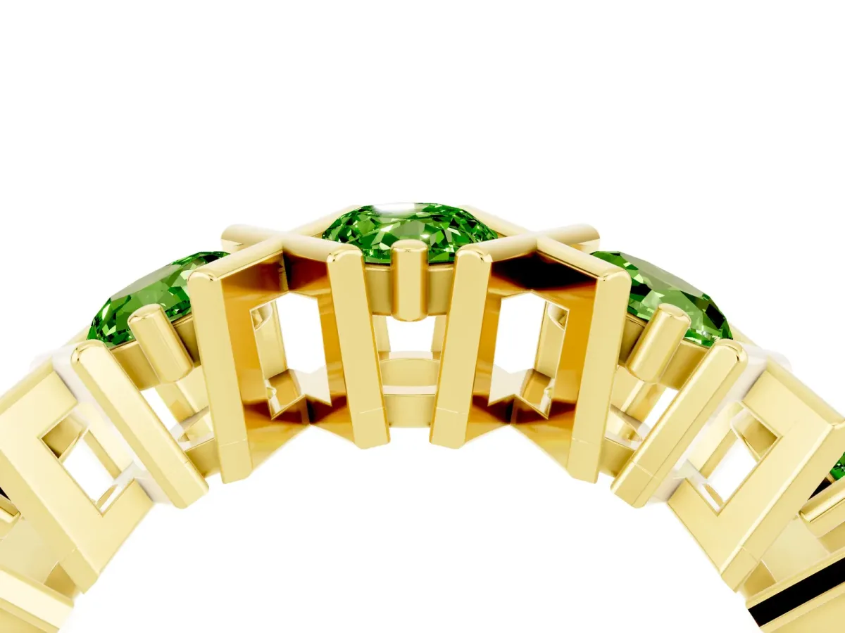 Round Peridot Channel Set Band with X-Prong Detail Yellow gold