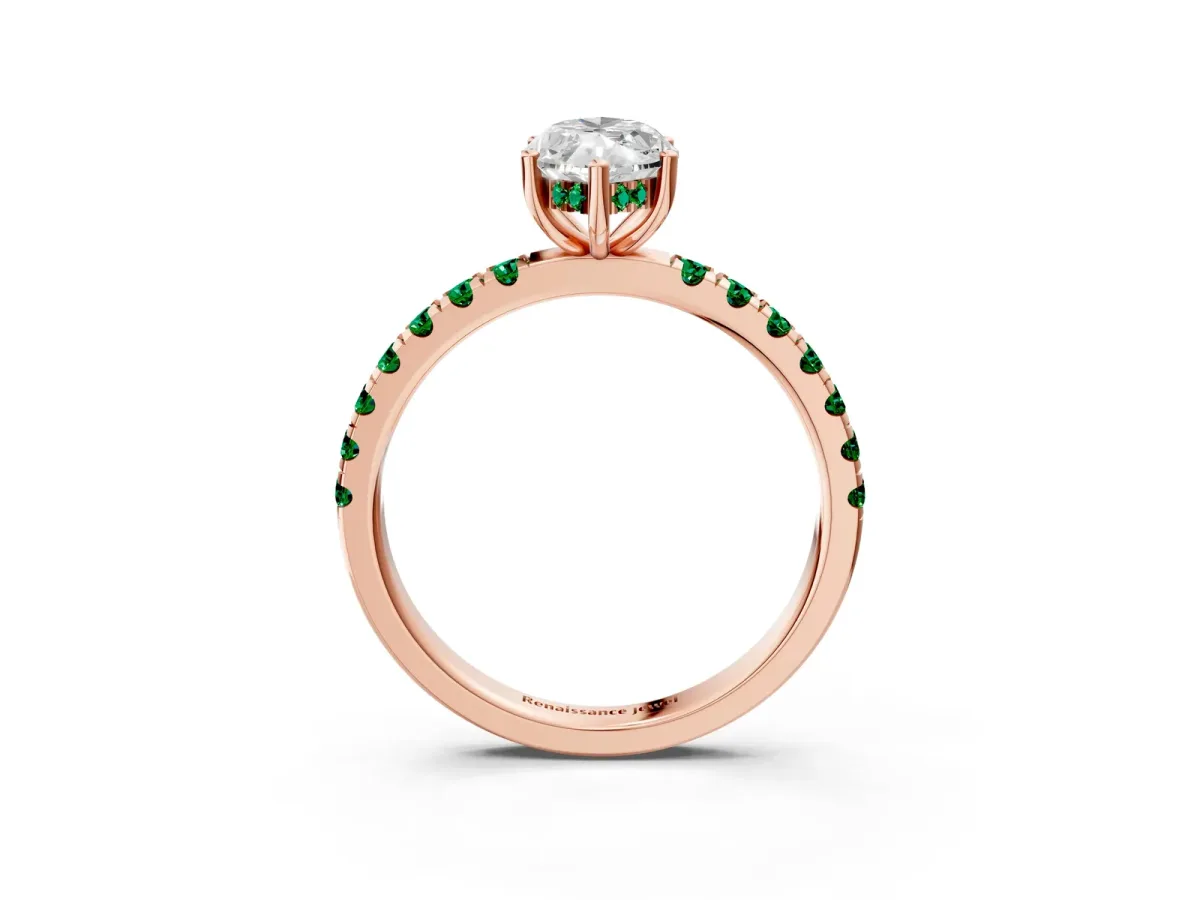 Marquise Cut Diamond Pave Band Solitaire Ring with Round Emerald and Prong Setting Rose gold