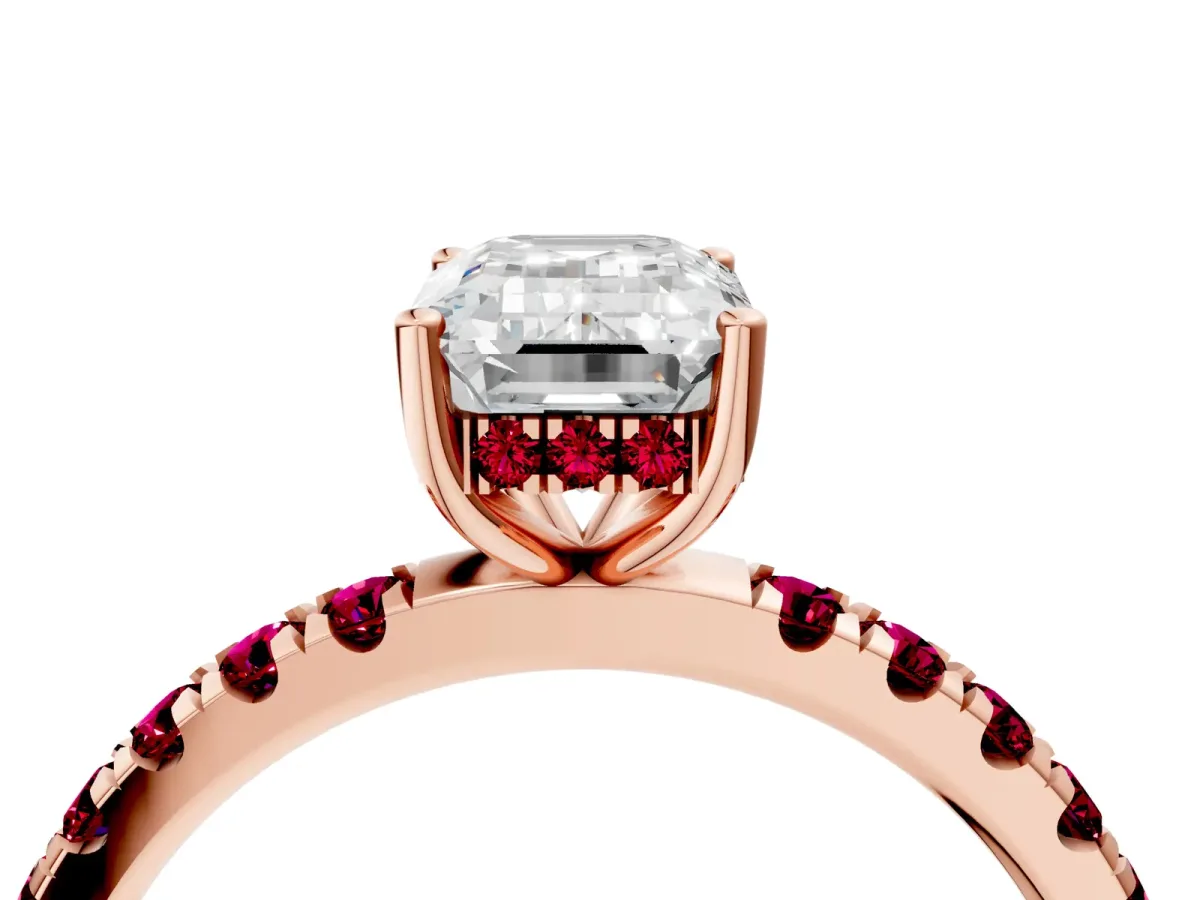 Emerald Cut Diamond Pave Band Solitaire Ring with Round Garnet and Prong Setting Rose gold