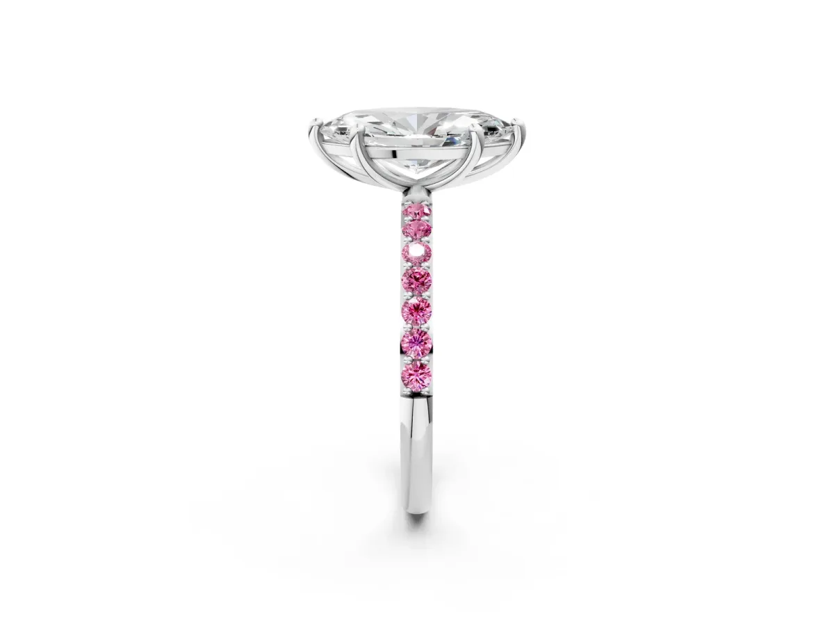 Marquise Cut Diamond Solitaire Ring with Round Pink Sapphire Pavé Band and Prong Setting Silver