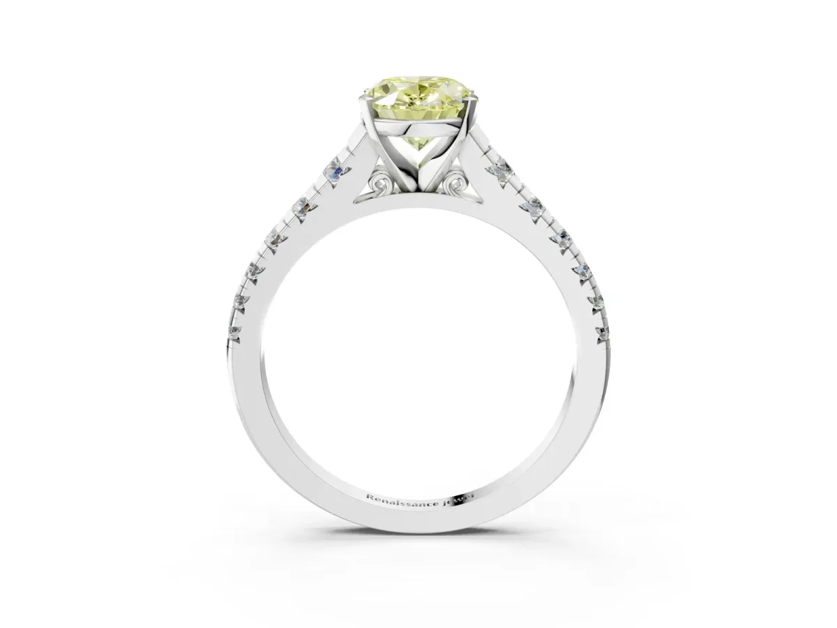 Fancy Yellow Oval Cut Diamond Cathedral Solitaire Ring with Round Pavé Band Silver