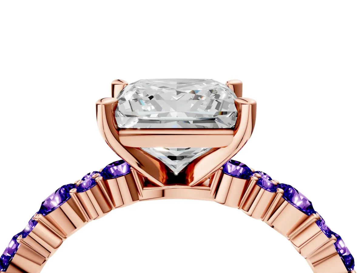 Princess Cut Diamond Side Stone Solitaire Ring with Round Tanzanite and Four-Prong Setting Rose gold