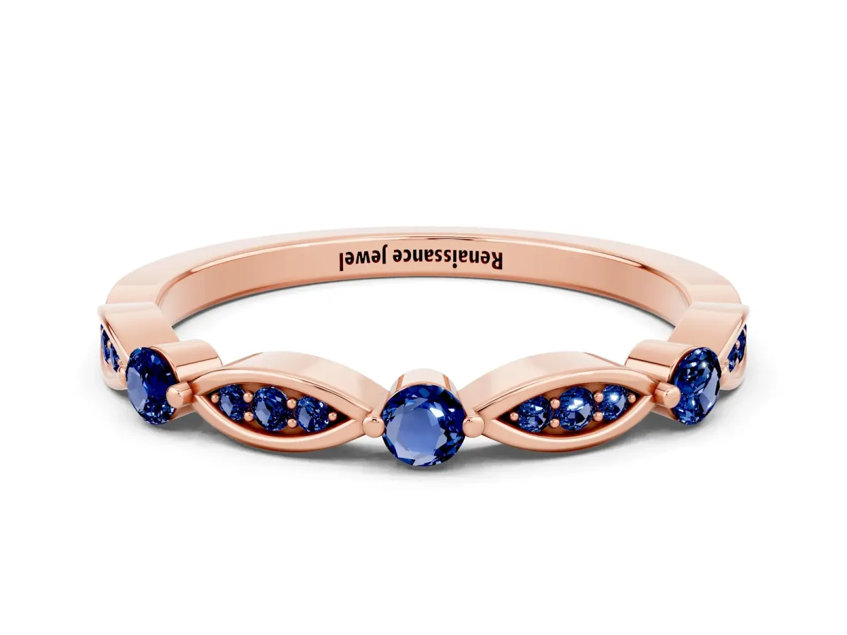 Marquise and Round Blue Sapphire Milgrain Band with Bezel Setting Rose gold