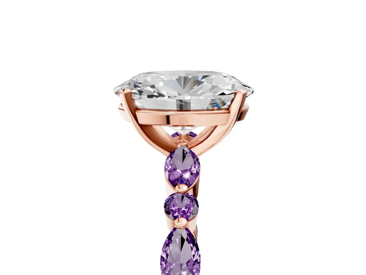 Oval Cut Diamond Ring with Marquise and Round Amethyst Side Stones and Four-Prong Setting Rose gold