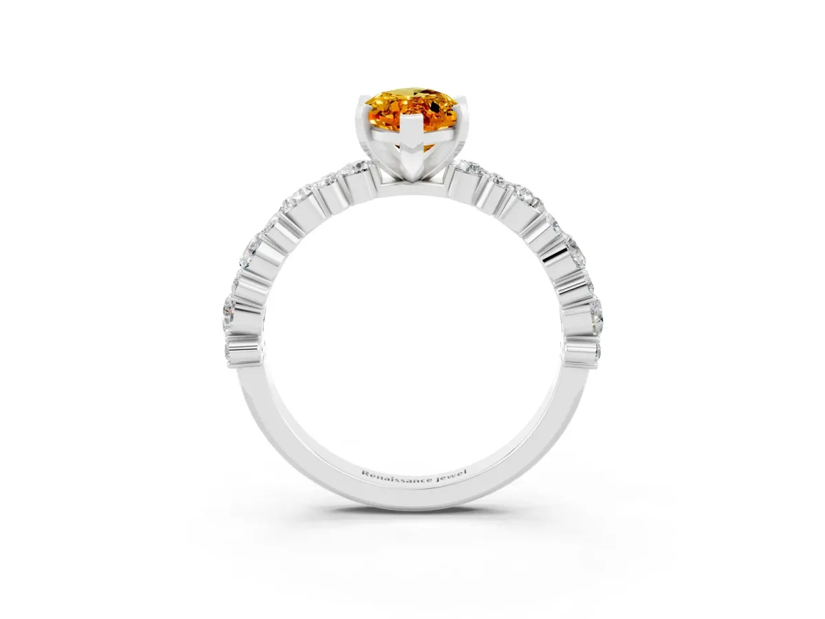 Marquise Cut Citrine Side Stone Solitaire Ring with Round and Four-Prong Setting Platinum