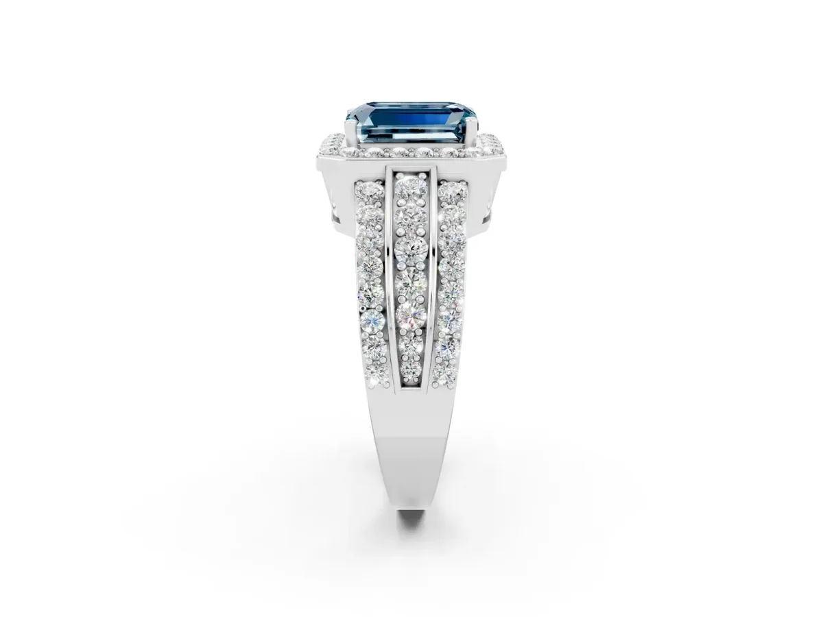 Emerald Cut Halo Aquamarine Ring with Round Split Shank and Prong Setting Platinum