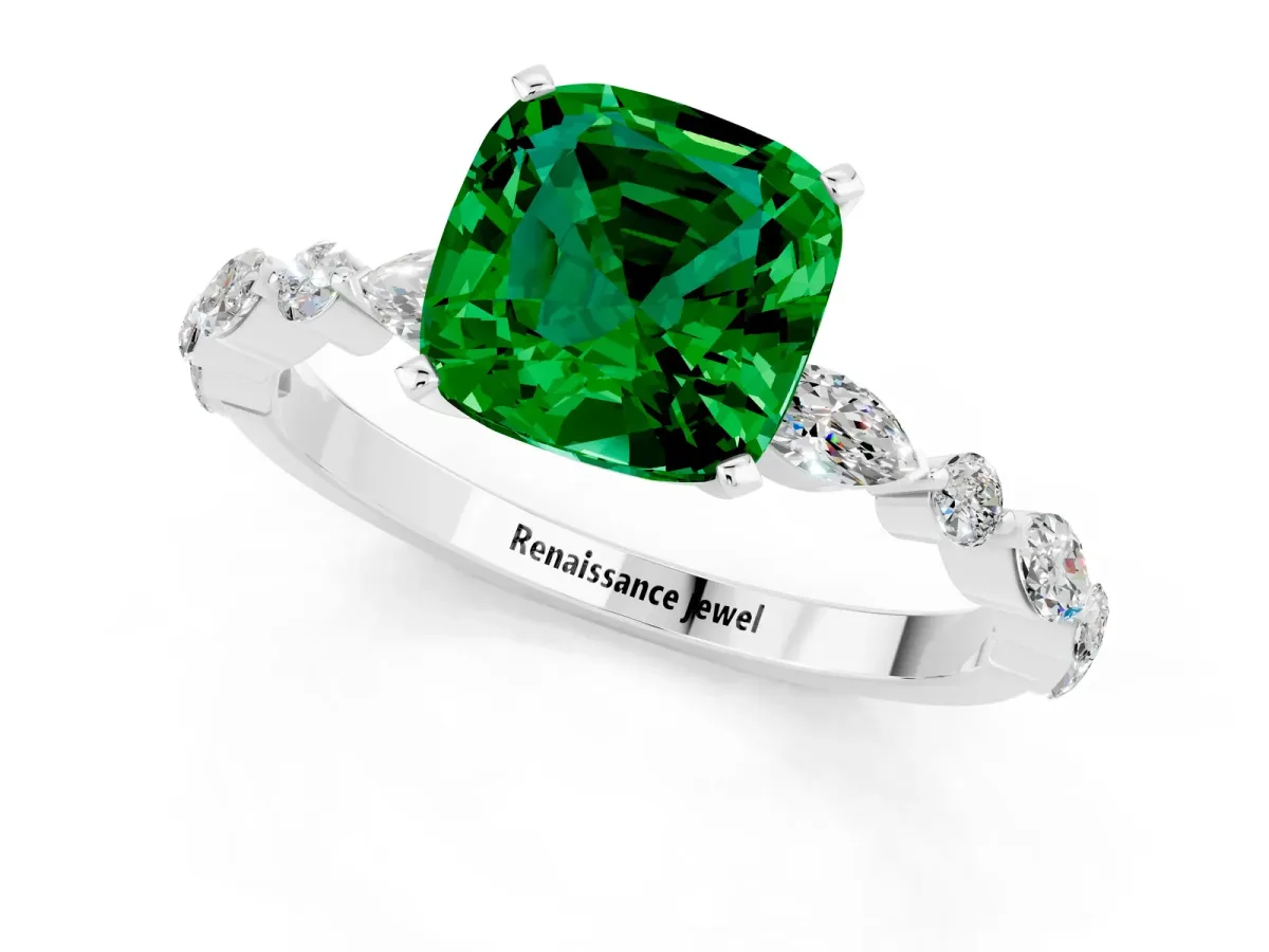Cushion Cut Emerald Ring with Marquise and Round Side Stones and Four-Prong Setting White gold
