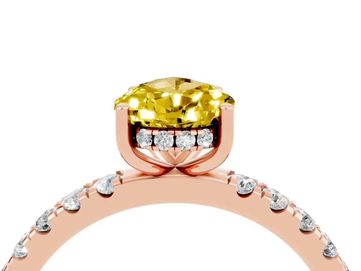 Pear Cut Yellow Sapphire Pave Band Solitaire Ring with Round and Prong Setting Rose gold