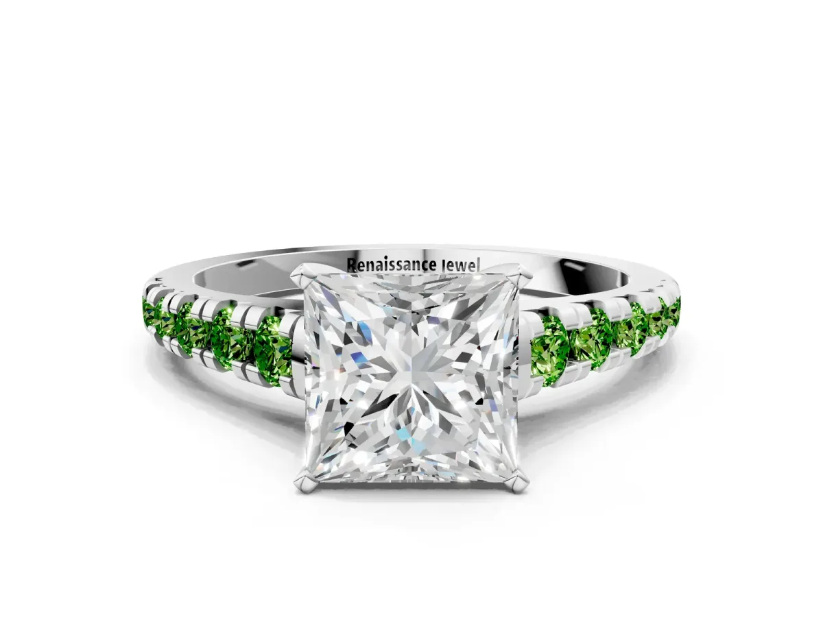 Princess Cut Diamond Cathedral Solitaire Ring with Round Peridot Pavé Band Platinum