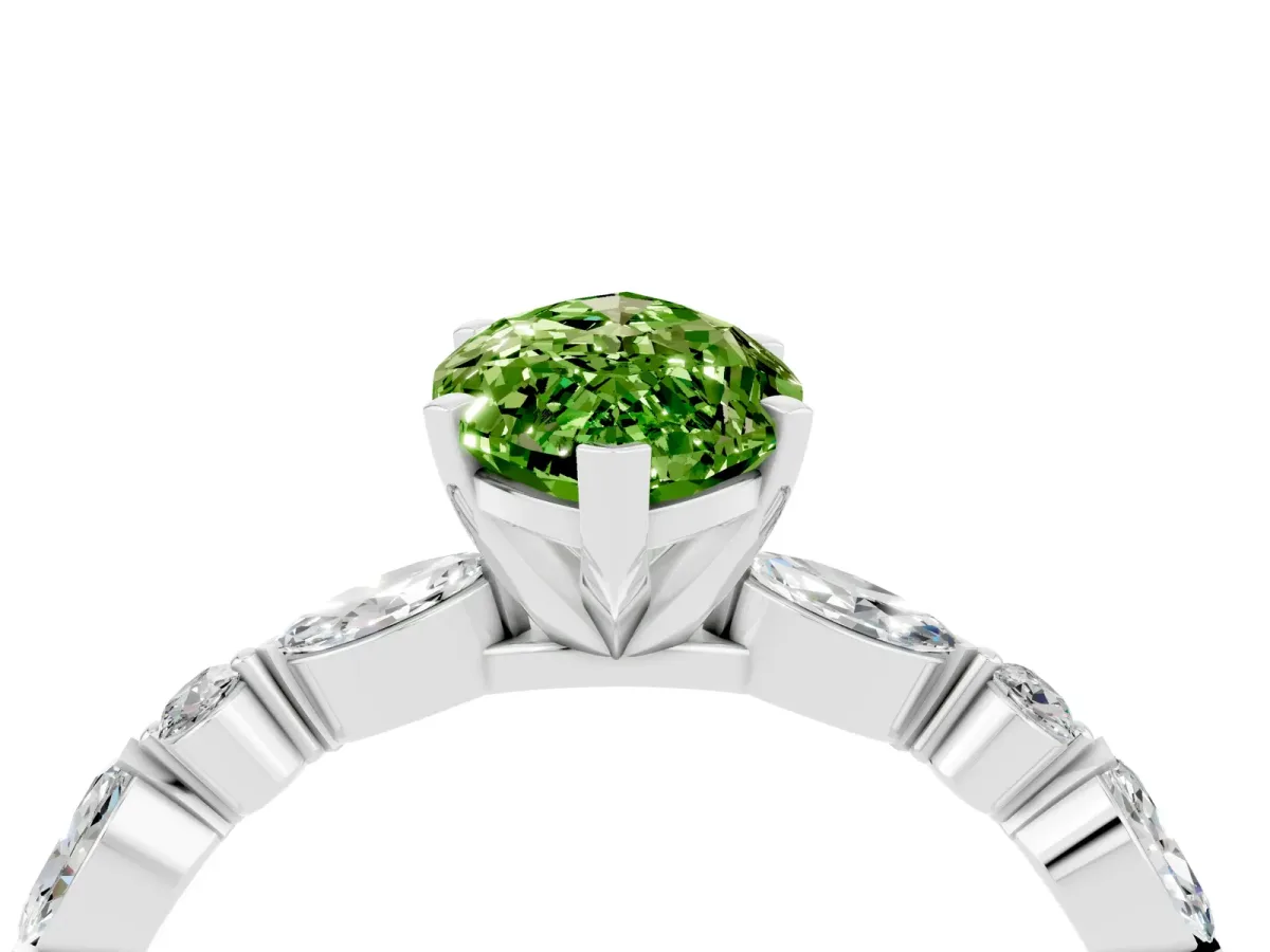 Marquise Cut Peridot Ring with Marquise and Round Side Stones and Four-Prong Setting Platinum