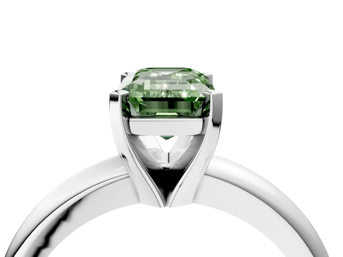 Fancy Green Emerald Cut Diamond Solitaire Engagement Ring with Round Band and Four-Prong Setting White gold